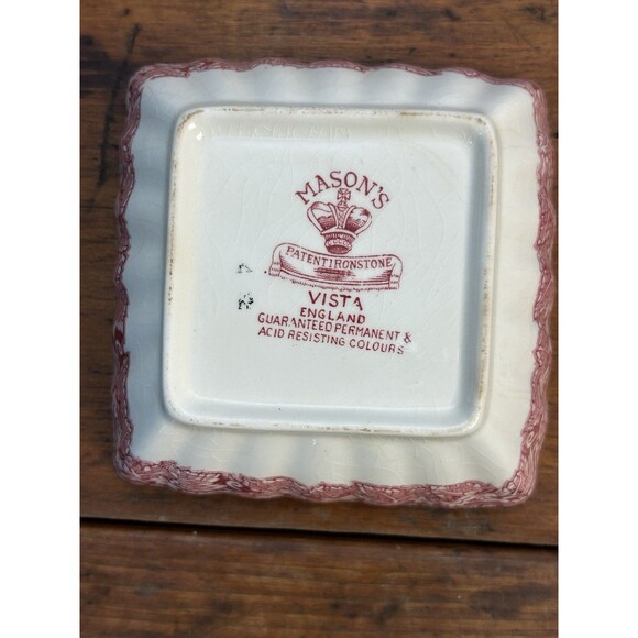 Set Of 2 Mason's Vista Red Pink Ironstone 4” Square Bowls Made in England READ - Picture 8 of 11